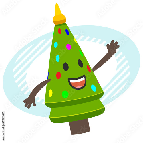 Cartoon New Year or Christmas Tree Character joyfully jumping. Vector Illustration