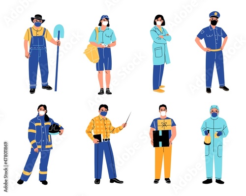 Essential workers. Frontier professions people, main areas specialists, different jobs men and women in medical masks, policeman and doctor, vector cartoon flat isolated set