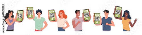 People with green certificate. Vaccinated persons, men and women checking gr-code with smartphone, electronic code assignment, persistent healthcare, vector cartoon flat isolated set