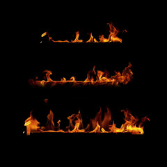 Fire flames collection on black background, close-up