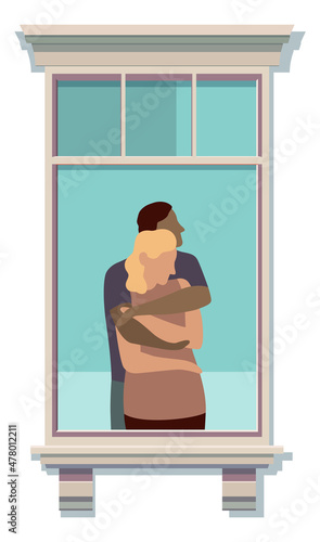 Neighbor happy couple staying in front of window. Building exterior