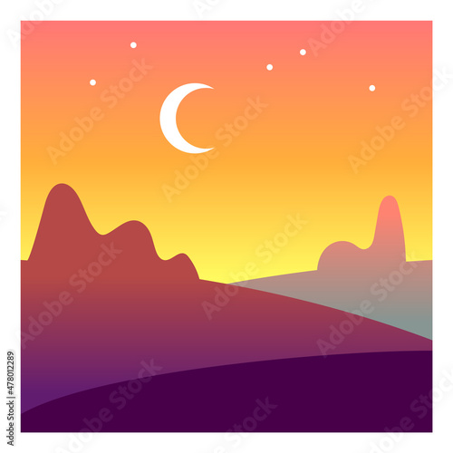 Twilight landscape. Moon crescent in light evening sky