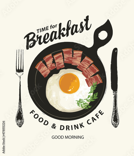 Vector banner on the theme of Breakfast time with scrambled egg, appetizing bacon on a frying pan, beautiful fork and knife on a light background. Morning menu for a food and drink cafe in retro style