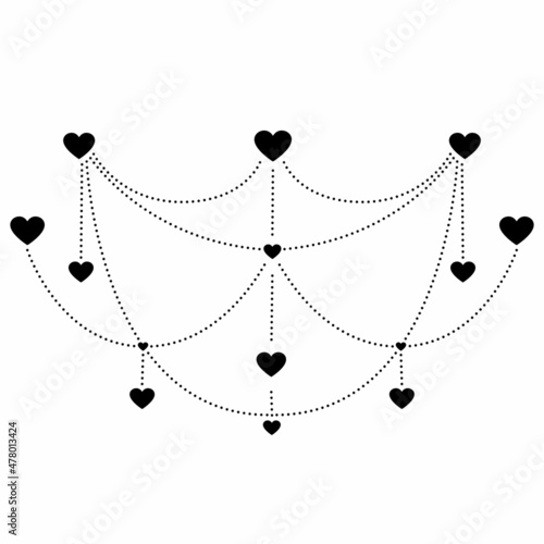Hand drawn decorative hearts. Romantic ornament with chain of dots and hearts. Valentines day. Vector illustration isolated on white background