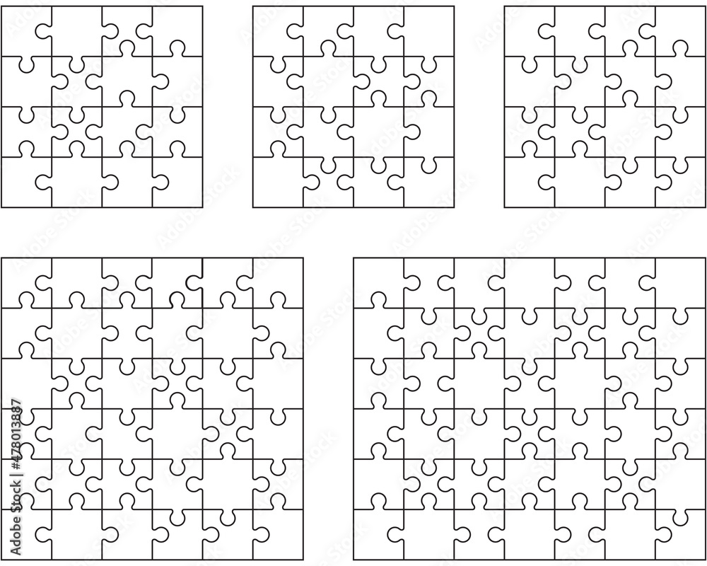 Separate pieces of five white jigsaw puzzles Separate pieces of five white jigsaw puzzles