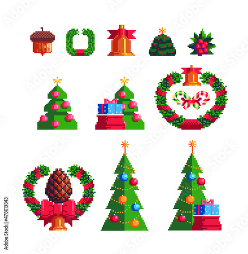 Xmas vector. Pixel art icons set. Christmas knitting ribbons with happy new year lettering. New Year's design of greeting card. Isolated vector illustration.  Design for stickers, logo, app.