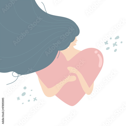 Young woman hugs a big heart with love and care. Girl with long hair holds pink heart in hands. Self care and body positive concept. Feminism, fight for your rights, girl power concept. Fall in love