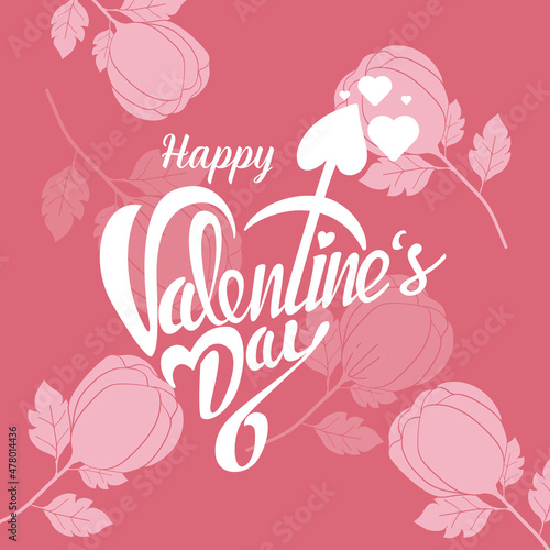 valentines day typography design vector with love shape and red rose flower