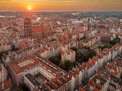 A warm summer day above the Old Town in Gdańsk. Aerial photo of the monuments of this old town.