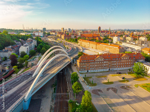 A warm summer day above the Old Town in Gdańsk. Aerial photo of the monuments of this old town.