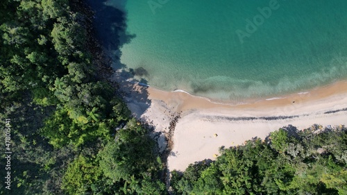 Beautiful deserted beach in Ubatuba, São Paulo, Brazil. Atlantic forest, yellow sand and clear sea water. Figueira beach paradise.