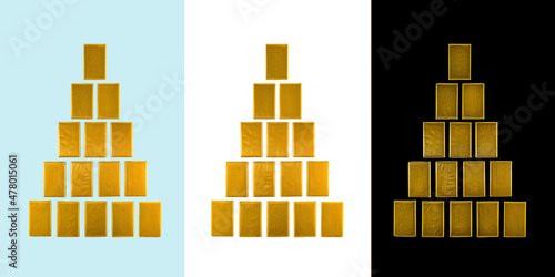 Gold bars of tiles built by a pyramid. Christmas trees in the form of a podium. Three isolated shapes on different backgrounds. photo