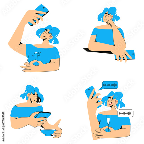 Set of woman with phone - concept of addiction to smartphones and social networks
