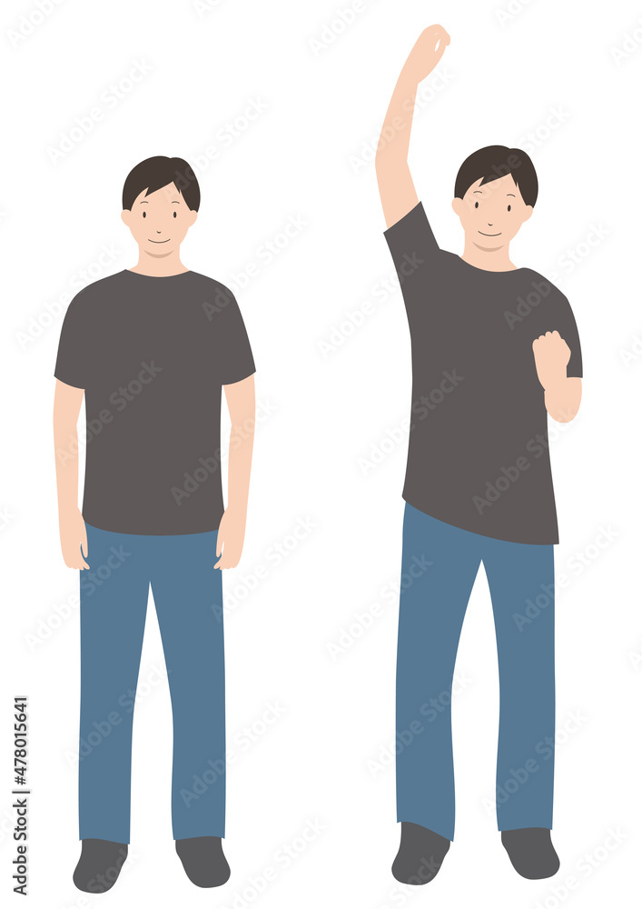 イラスト素材 正面を向いて立っていると ガッツポーズをとっている男性のセット 夏 Stock Vector Adobe Stock