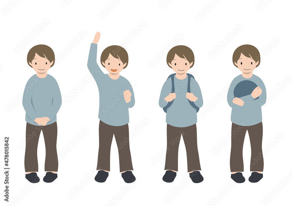 ガッツポーズやリュックを背負った、正面向きの男の子の全身イラストセット(春・秋) ガッツポーズやリュックを背負った、正面向きの男の子の全身イラストセット(春・秋)