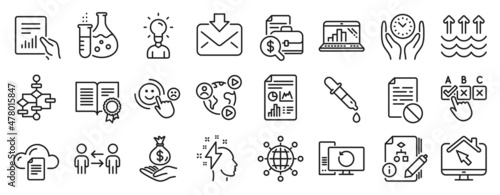 Set of Education icons, such as Education, Teamwork business, Brainstorming icons. Customer satisfaction, Incoming mail, Algorithm signs. Diploma, Report document, Block diagram. Safe time. Vector