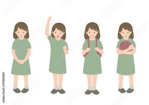 ガッツポーズやリュックを背負った、正面向きの女の子の全身イラストセット（夏）