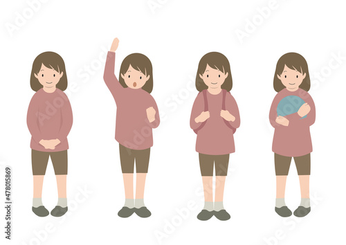 ガッツポーズやリュックを背負った、正面向きの女の子の全身イラストセット（春・秋）