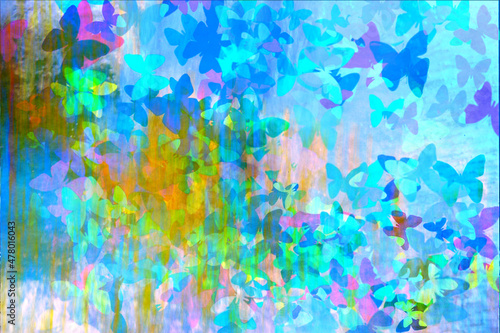 Abstract butterfly background in turquoise and blue hues with a little yellow and pink.