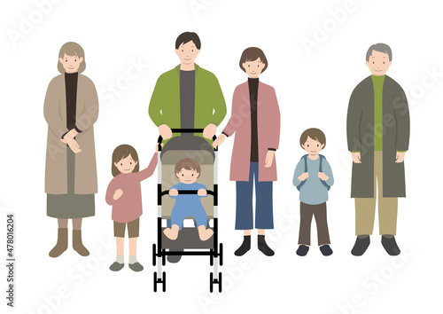 イラスト素材：おでかけしている3世代家族のイラストセット