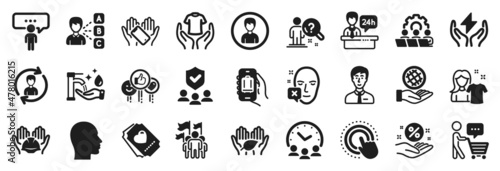 Set of People icons, such as Opinion, Reception desk, Teamwork icons. Baggage app, Face declined, Builders union signs. Clean shirt, Hold t-shirt, Fair trade. Person, Leadership, Head. Vector