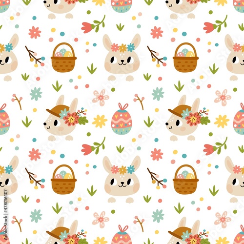 Seamless pattern cute rabbits. Little bunnies heads with flowers headbands  hats and baskets with patterned easter eggs  spring holiday. Decor textile  wrapping paper  vector print or fabric