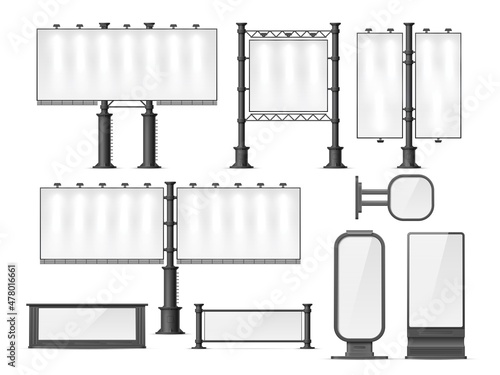 Realistic blank city billboards. Advertising empty places. Illuminated outdoor banners. 3D lightboxes and roadside boards. Glowing fences modules. Vector street promotion posters mockup