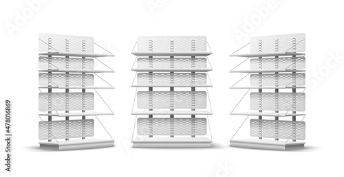 Empty store shelves. Realistic shop stand. Different angles views. Furniture for products presentation. Multilevel layout. 3D supermarket rack. Retail equipment. Vector showcases set
