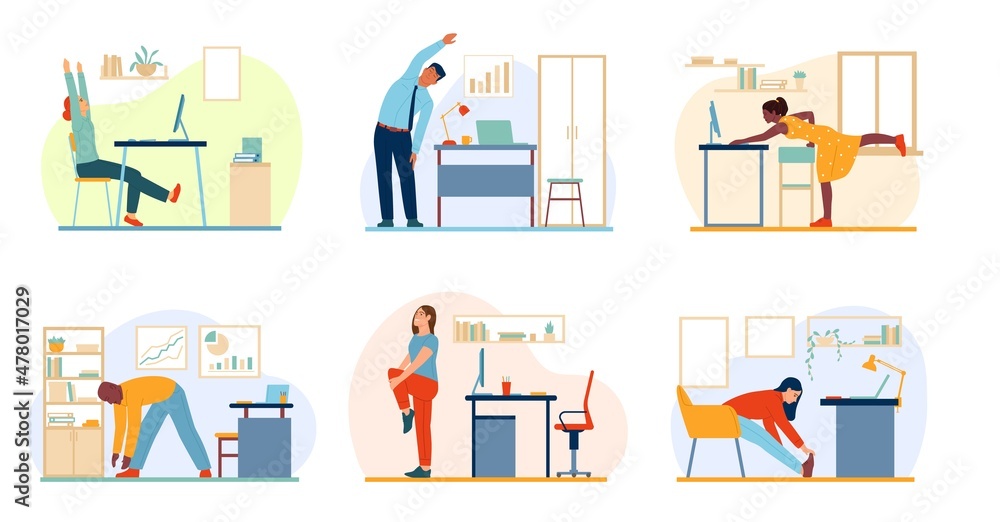 Office syndrome. Stretching exercise, neck back shoulder stretch. Sitting  work from home, fitness workout for freelancer vector illustration Stock  Vector Image & Art - Alamy