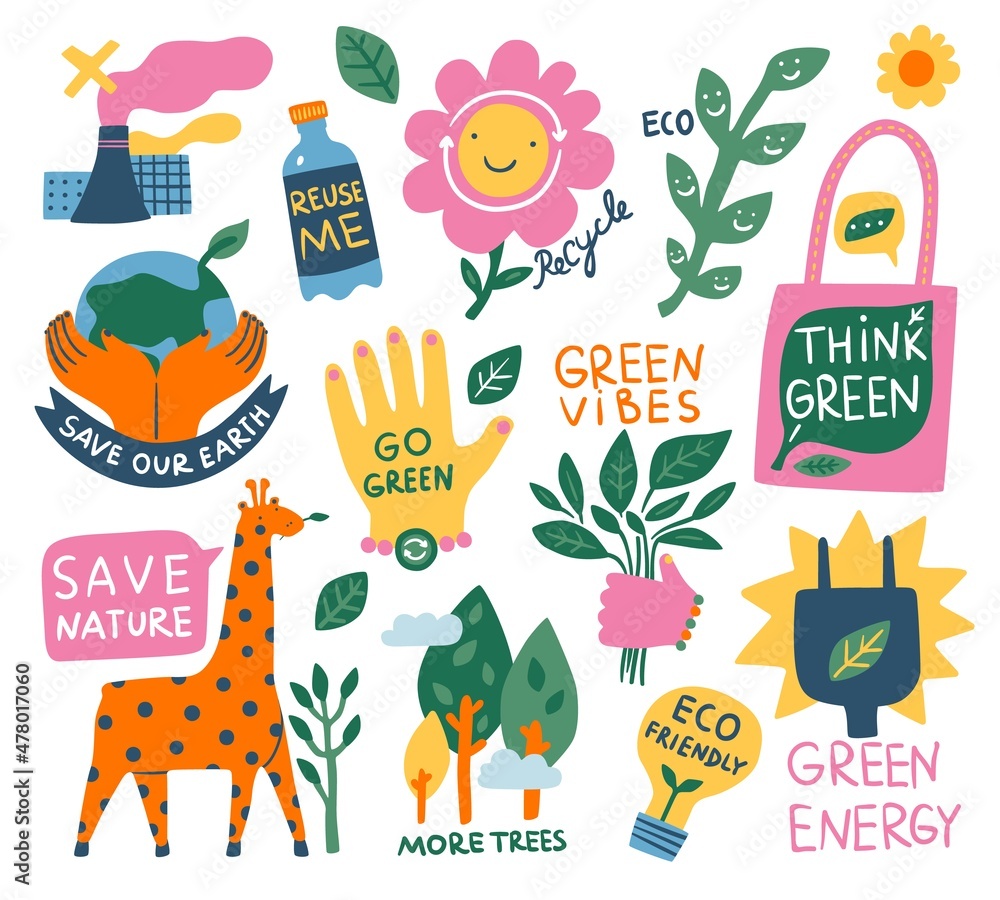 Cartoon ecology emblems. Eco environment elements. Plants and green  objects. Natural lifestyle. Hands with Earth. Save nature. Renewable energy  and waste recycle. Vector stickers set Stock Vector | Adobe Stock