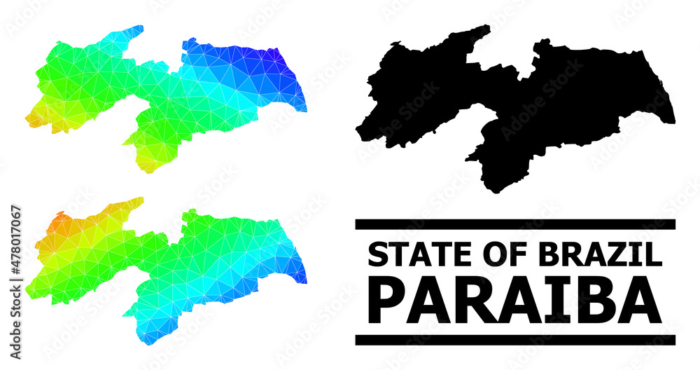 Vector lowpoly rainbow colored map of Paraiba State with diagonal gradient. Triangulated map of Paraiba State polygonal illustration.