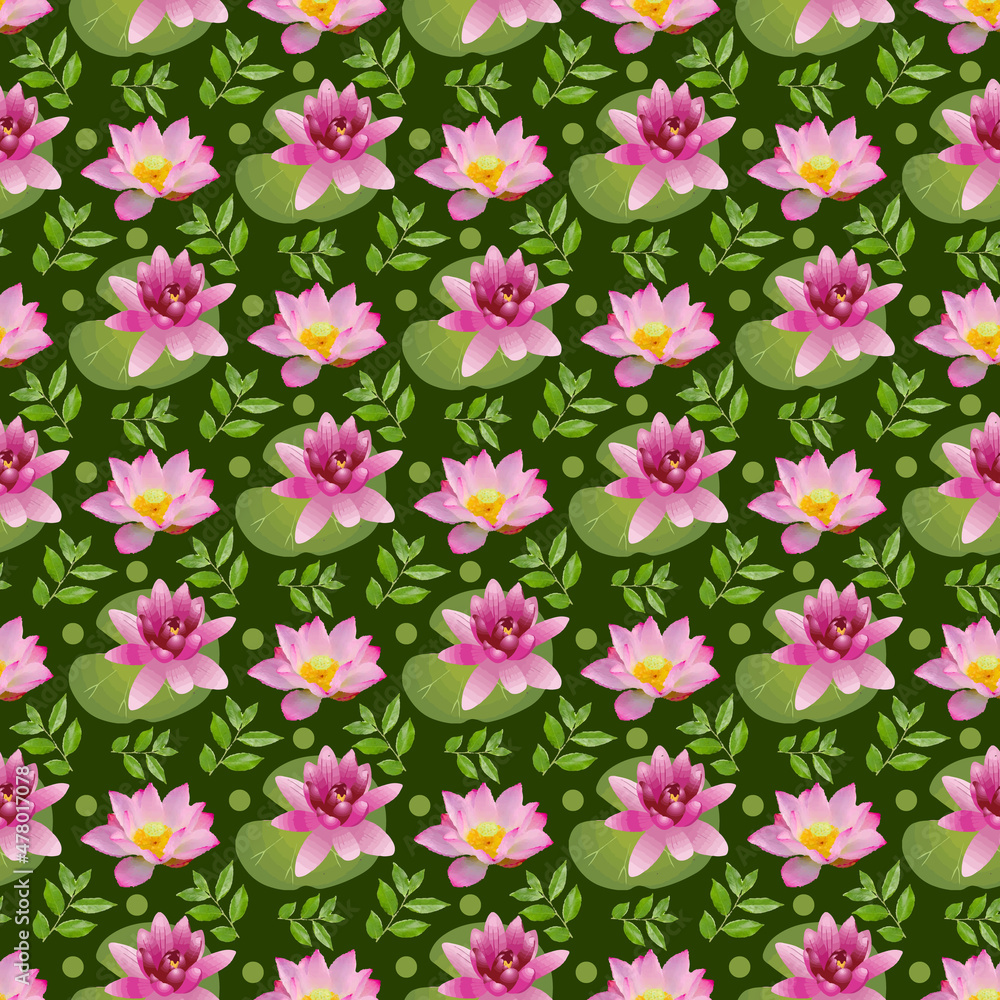 Pink Waterlily flower & leaf & Seamless Pattern Design