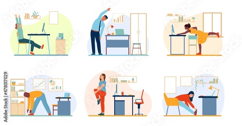 Workplace workout people. Stretching and warm up on job. Office yoga. Corporate fitness and sport. Men and women training in workspace. Vector set of employees do physical exercises