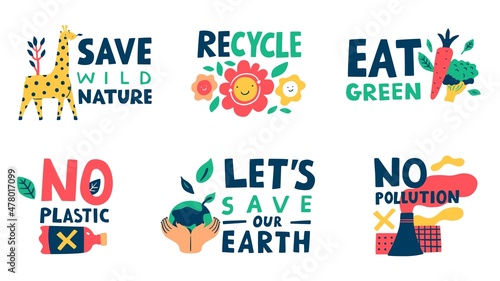 Ecology lettering. Eco stickers with motivational appeals. Green energy. Save nature and Earth. Vegetarianism lifestyle. Recycle and zero waste. Environment protection vector icons set