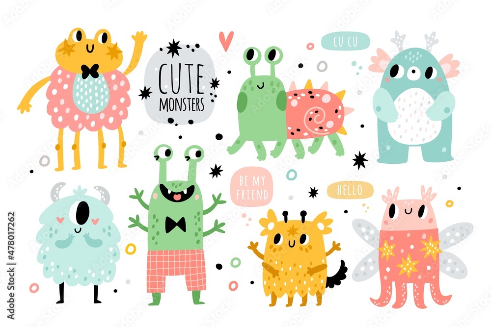 Funny monsters. Cute kids creatures. Fantastic fluffy, toothy and horned cartoon characters. Happy aliens with joyful faces. Childish party decor. Vector adorable bizarre beasts set - obrazy, fototapety, plakaty 