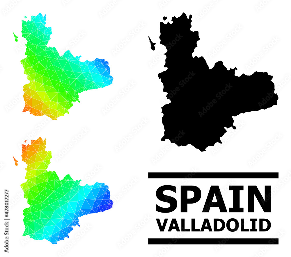Vector low-poly spectrum colored map of Valladolid Province with diagonal gradient. Triangulated map of Valladolid Province polygonal illustration.