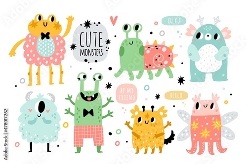 Funny monsters. Cute kids creatures. Fantastic fluffy, toothy and horned cartoon characters. Happy aliens with joyful faces. Childish party decor. Vector adorable bizarre beasts set
