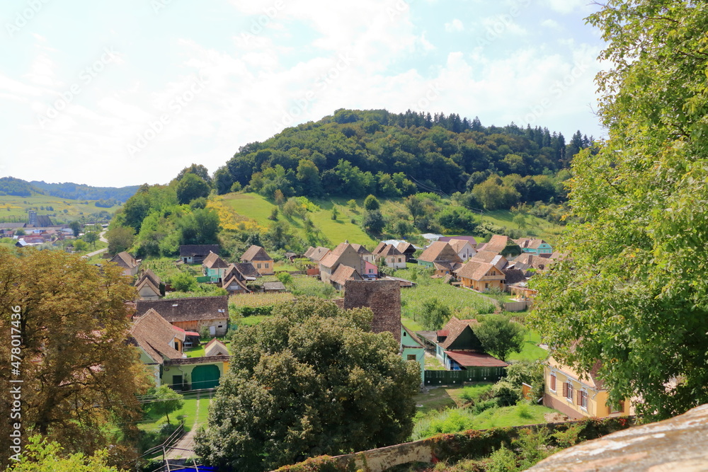 The village of Biertan, (Birthälm) and surrounding landscape, Sibiu County, Romania. Seen from the fortified church of Biertan, which is a UNESCO World Heritage Site.