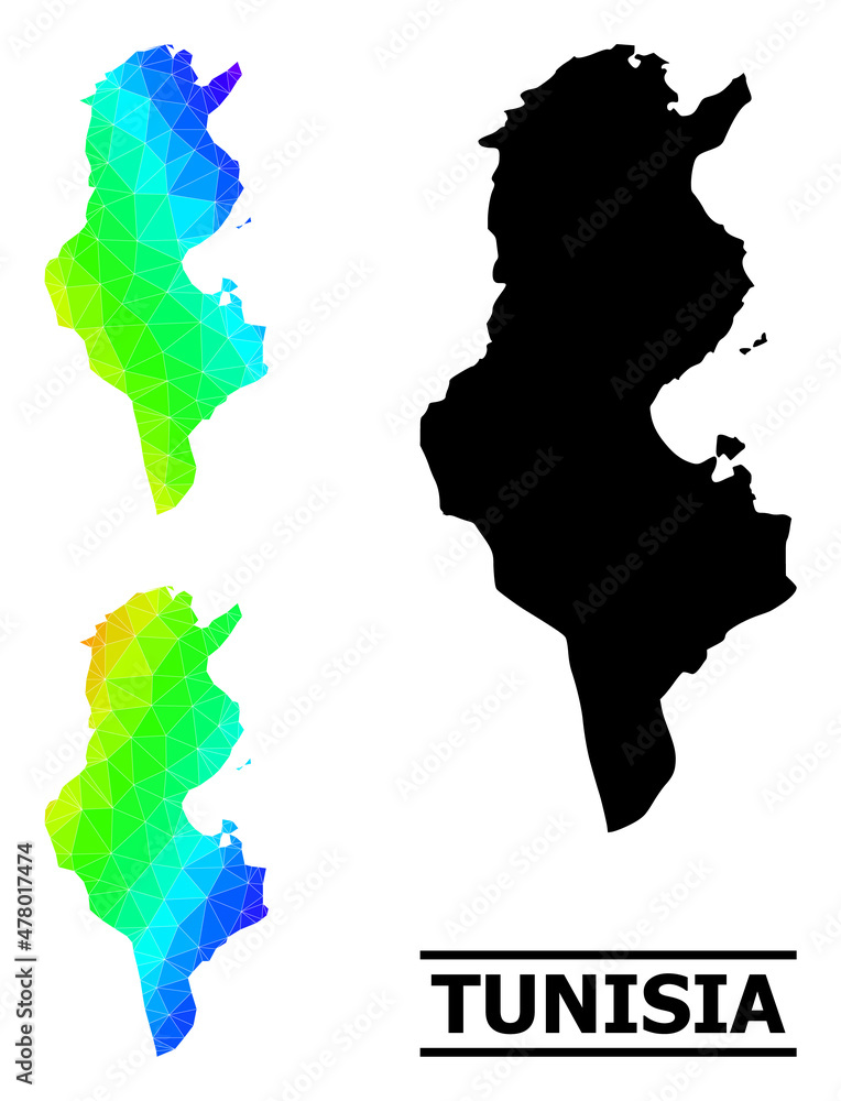 Vector lowpoly spectral colored map of Tunisia with diagonal gradient. Triangulated map of Tunisia polygonal illustration.