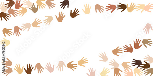 Woman and man hands of different skin color vector illustration. Volunteering