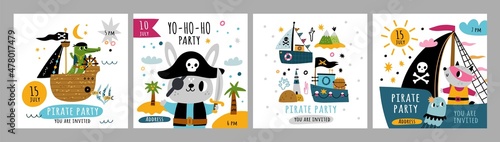 Cute pirate cards. Kids sailors with marine elements. Happy animals characters with sabers. Ships and filibusters. Tropical islands with palms and sea waves. Vector party invitations set