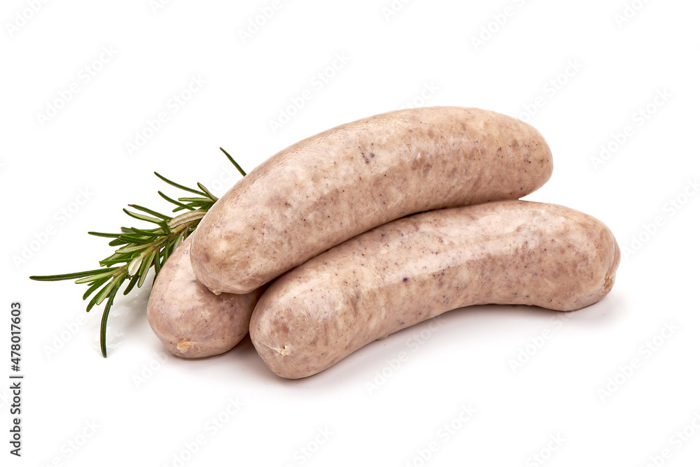 Munich Veal Sausages, close-up, isolated on white background. Munich Veal Sausages, close-up, isolated on white background.