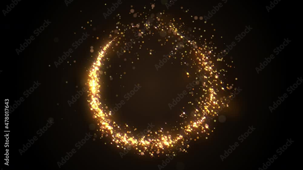 Golden glitter circle with sparkling light. Shining Christmas gold particles and sparkles ring on black background. Luxury magic festive effect with bokeh and glow. Dust trail 3d render in Ultra HD 4K
