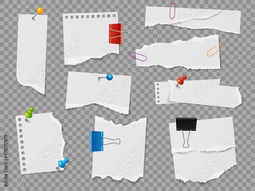 Pinned note paper. Realistic stationery elements. 3D pages with ragged edges attached with buttons and clips. Sheets scraps on transparent noticeboard. Vector reminder notepapers set
