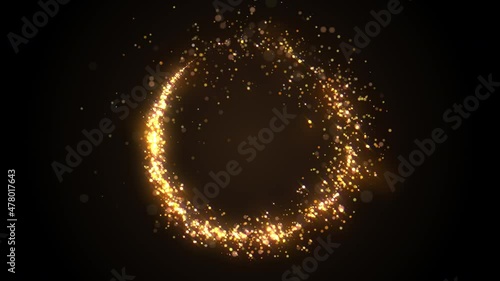 Golden glitter circle with sparkling light. Shining Christmas gold particles and sparkles ring on black background. Luxury magic festive effect with bokeh and glow. Dust trail 3d render in Ultra HD 4K