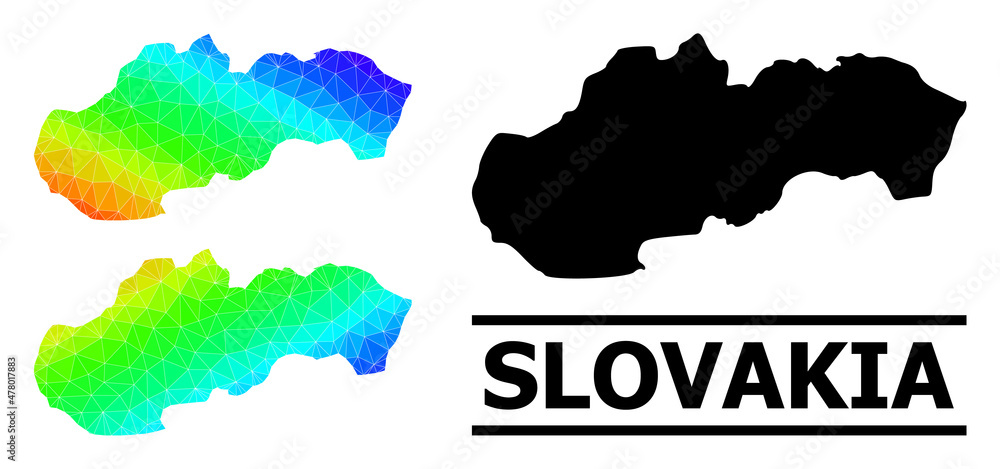Vector lowpoly spectrum colored map of Slovakia with diagonal gradient. Triangulated map of Slovakia polygonal illustration.