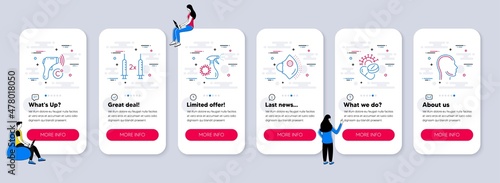 Set of Medical icons, such as Coronavirus spray, Coronavirus pills, Electronic thermometer icons. UI phone app screens with teamwork. Medical mask, Head line symbols. Vector