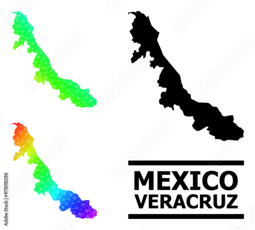 Vector lowpoly rainbow colored map of Veracruz State with diagonal gradient. Triangulated map of Veracruz State polygonal illustration.