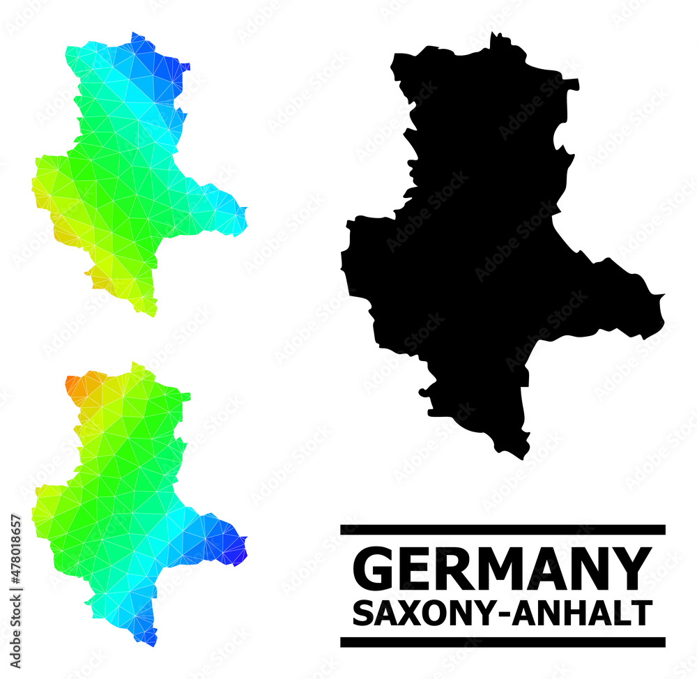 Vector lowpoly rainbow colored map of Saxony-Anhalt State with diagonal gradient. Triangulated map of Saxony-Anhalt State polygonal illustration.