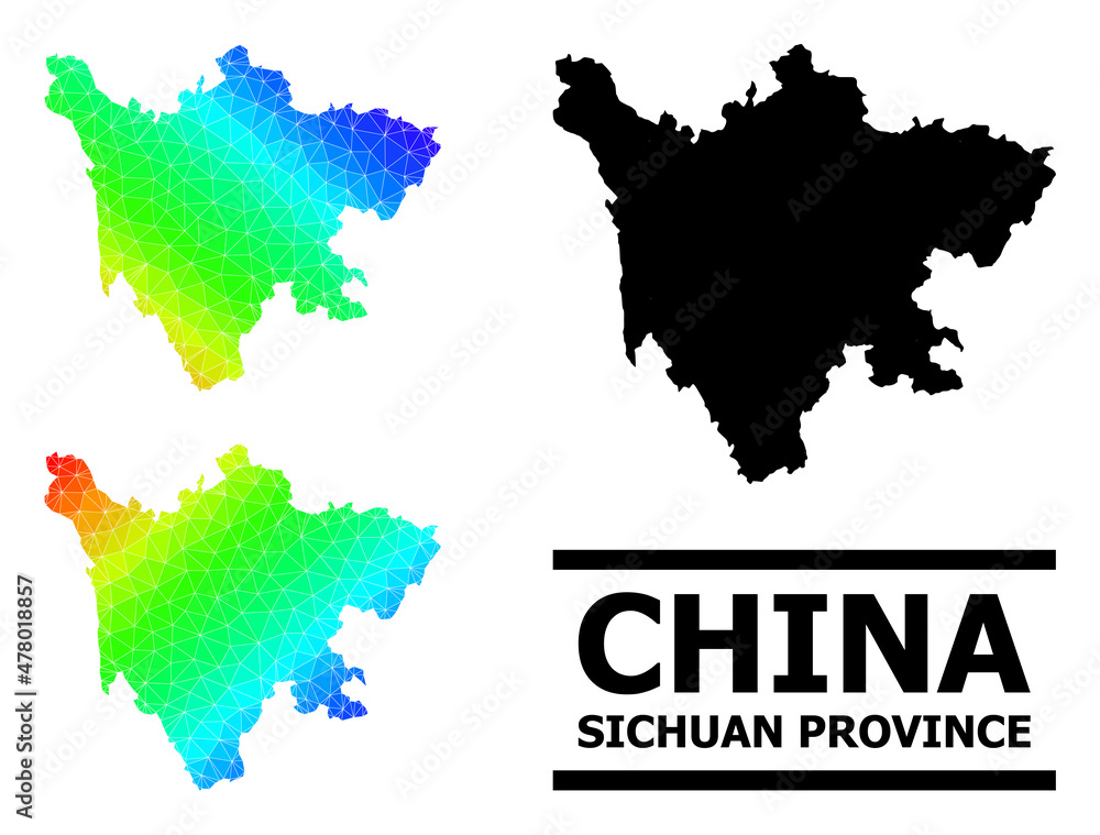 Vector lowpoly spectral colored map of Sichuan Province with diagonal gradient. Triangulated map of Sichuan Province polygonal illustration.